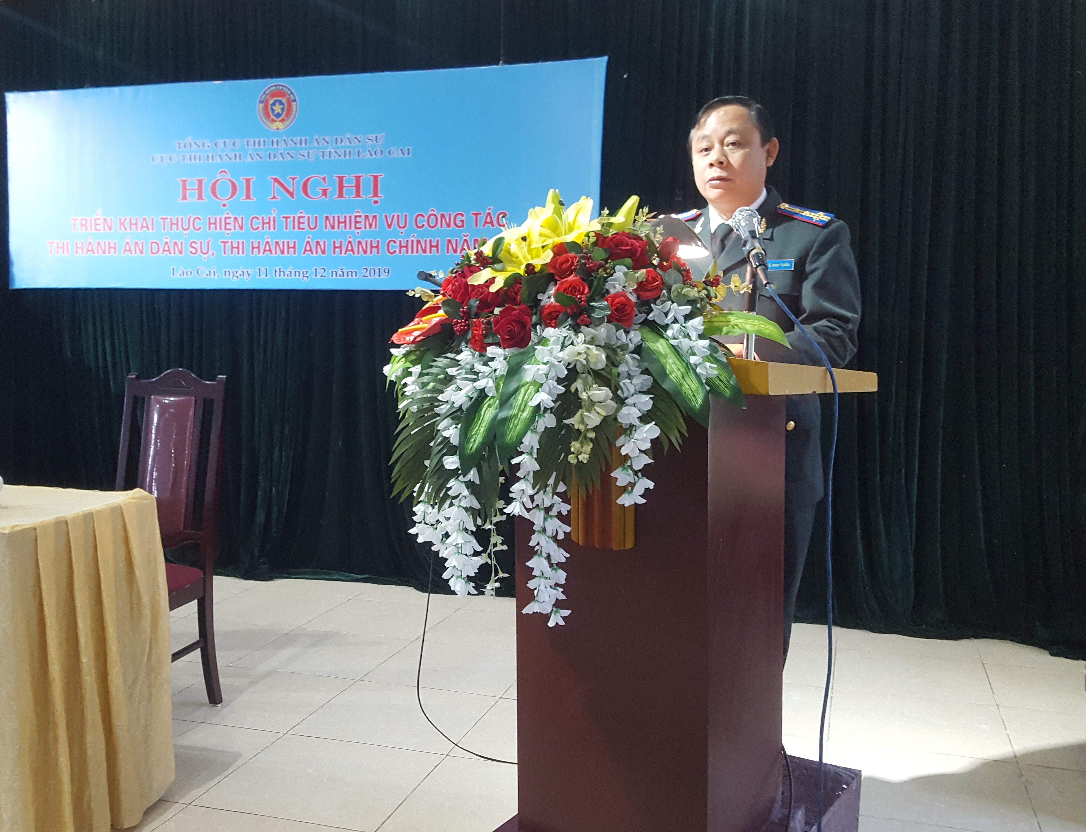 Đc Lê Anh Tuấn - Cục trưởng cục THADS tỉnh Lào Cai phát biểu tại hội nghị triển khai công tác năm 2020